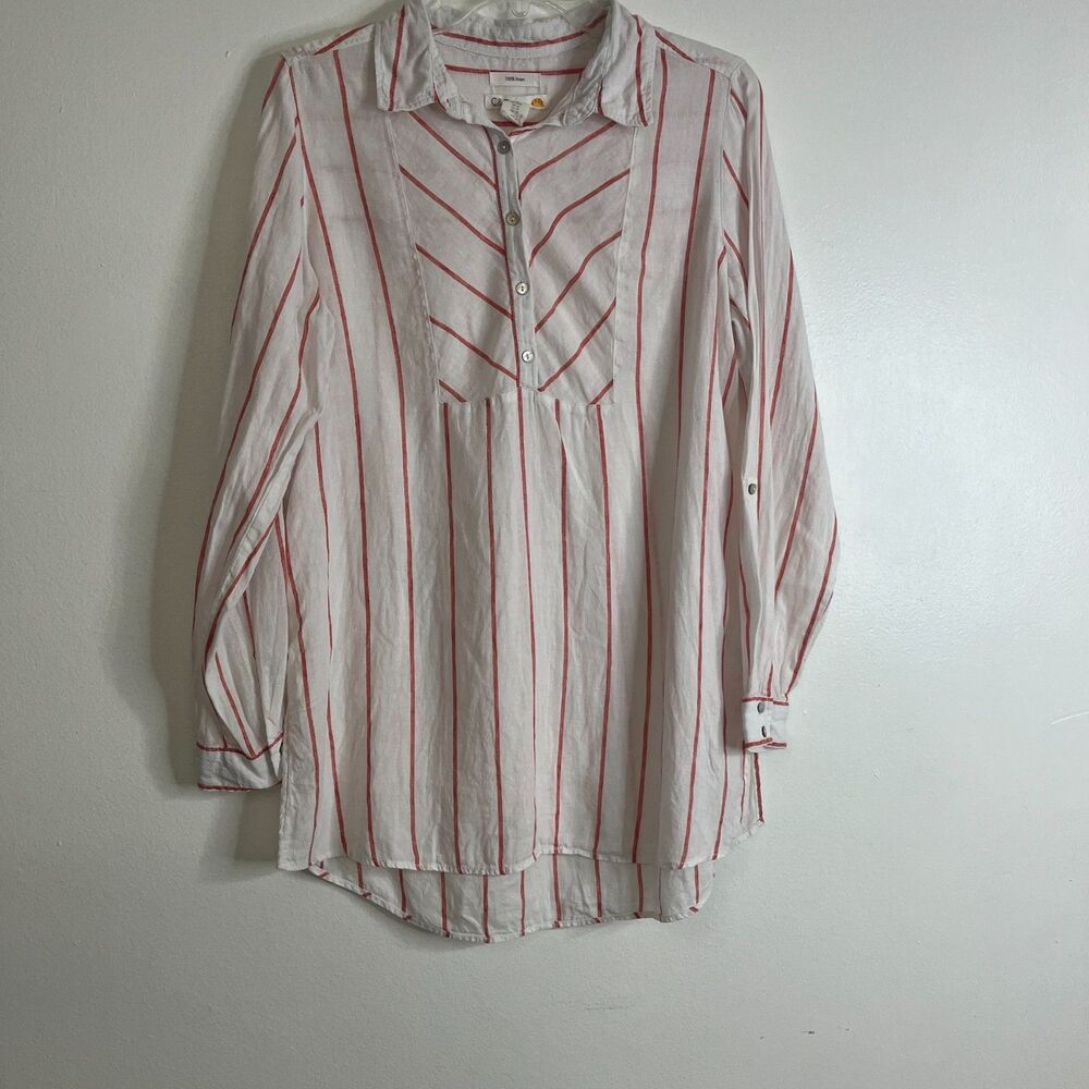 C&C California Tunic Long Sleeve Linen Top White Red Stripes 3/4 Button Front M